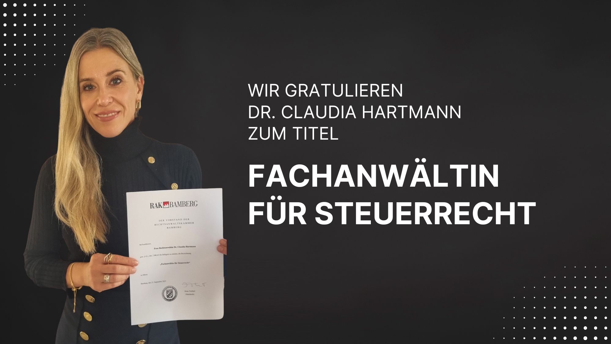 wir gratulieren dr. claudia hartmann zum Titel fachanwältin für steuerrecht